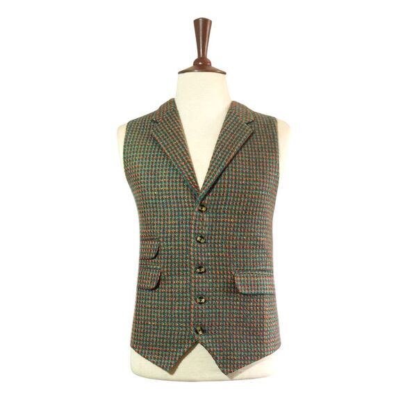 Mens 46R Tweed Wool Vest Green Orange Check Classic Waistcoat Formal Wedding - Picture 1 of 8